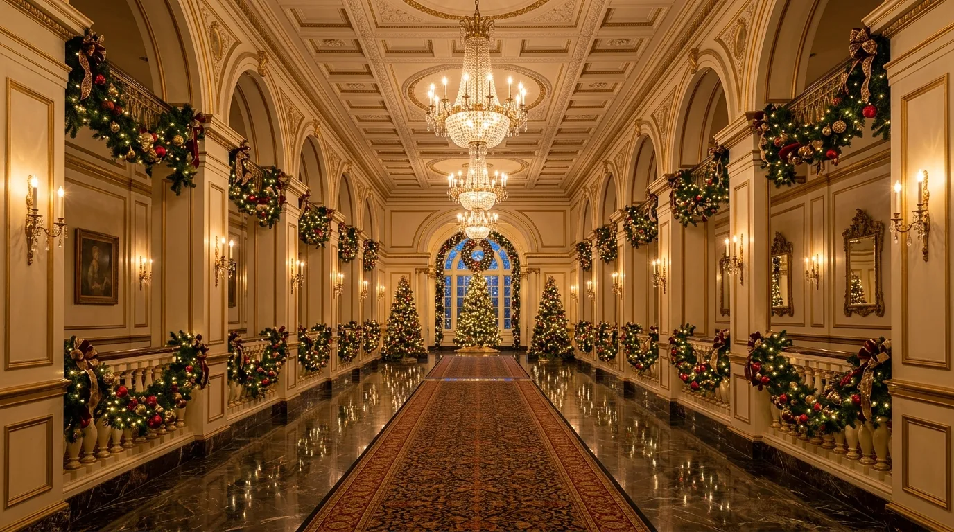 Elegant hallway with symmetrical luxury Christmas decor.